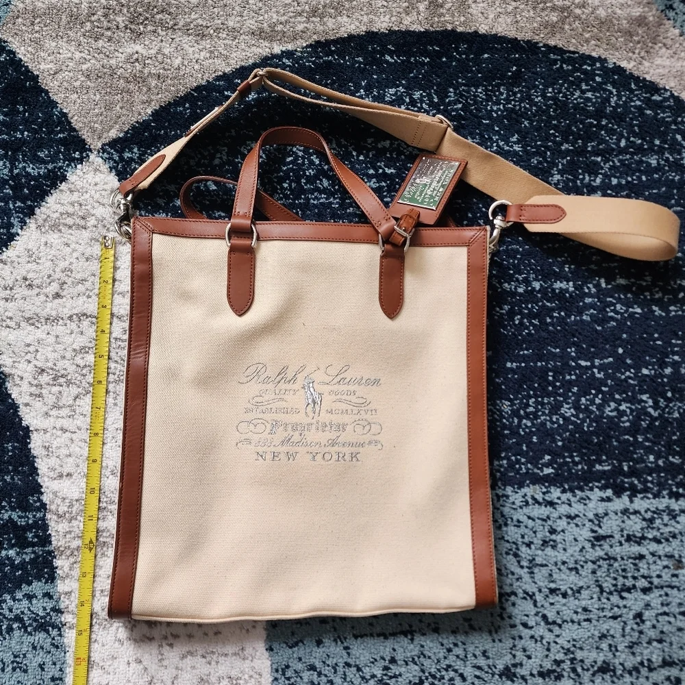 RALPH LAUREN Vintage Cream Canvas and Leather Tote Satchel Bag
